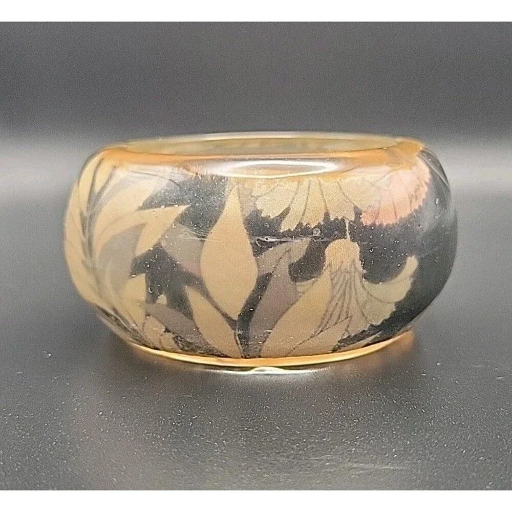 Vintage Chunky Bangle Bracelet Lot 3 Pink Tiger Lucite Carved Resin Wood Leaf